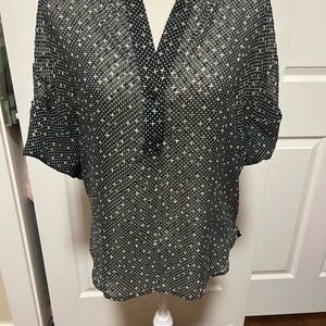 Black Star Sheer Blouse with Cuffed Sleeves and Mandarin Collar